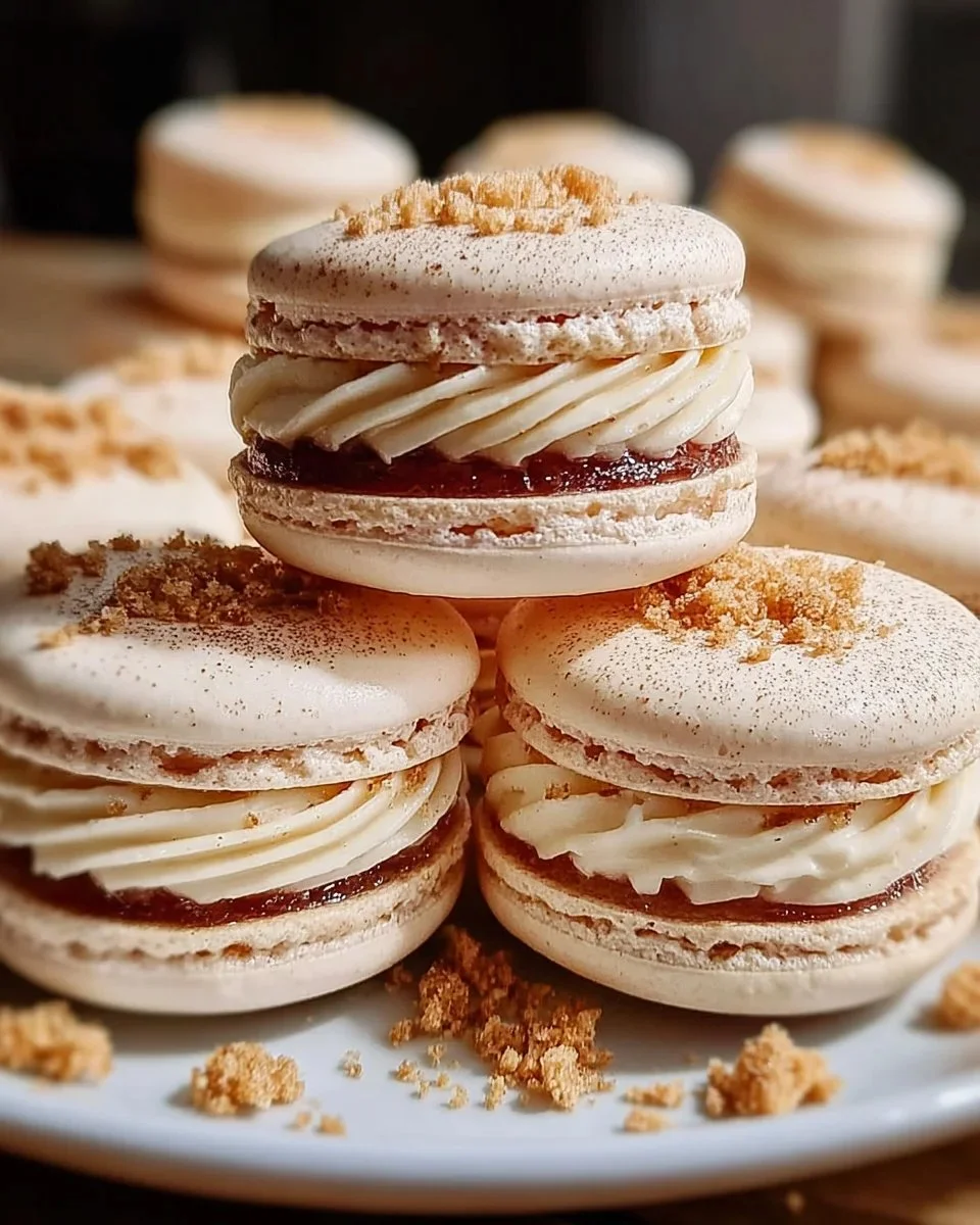 Delicious Apple Pie Macarons arranged on a rustic wooden table.