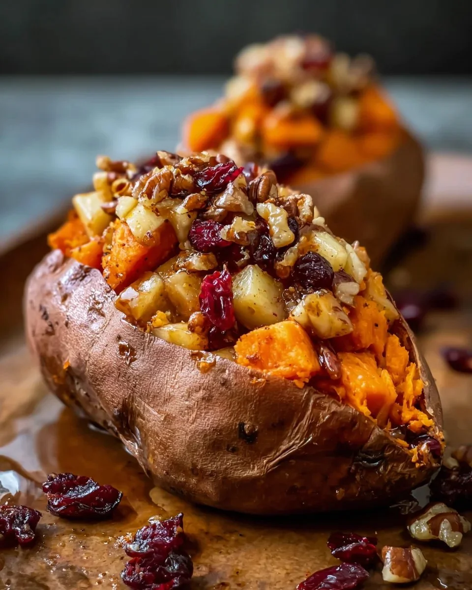 Delicious apple spiced stuffed sweet potatoes served on a plate