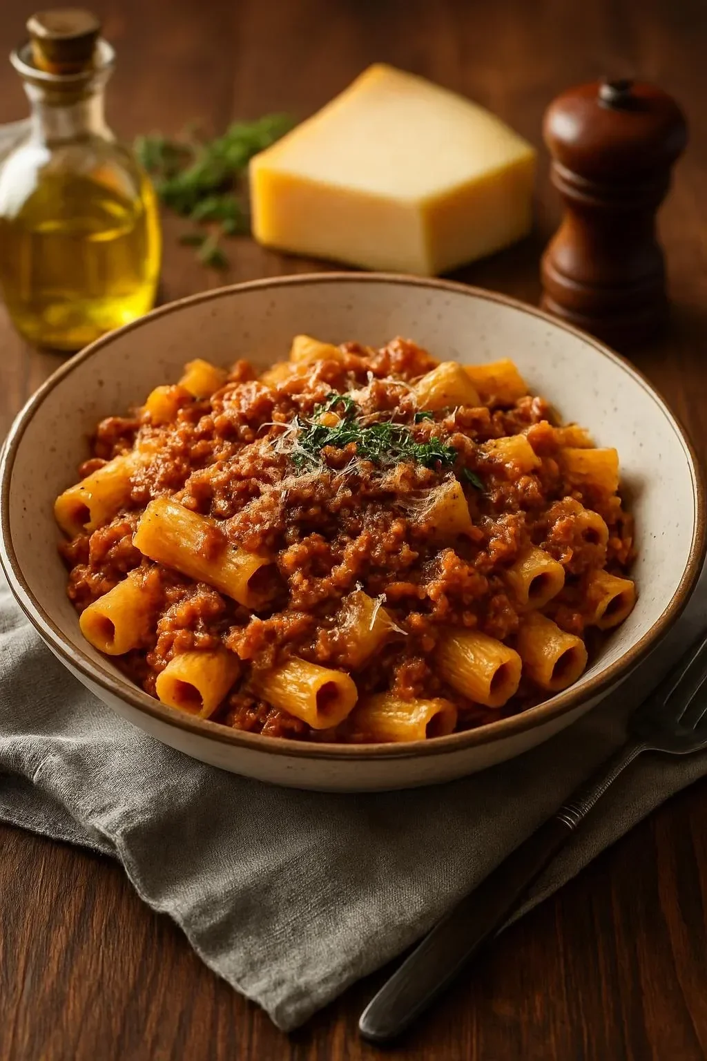 Authentic Tuscan Ragu served in a rustic bowl with fresh herbs and pasta.