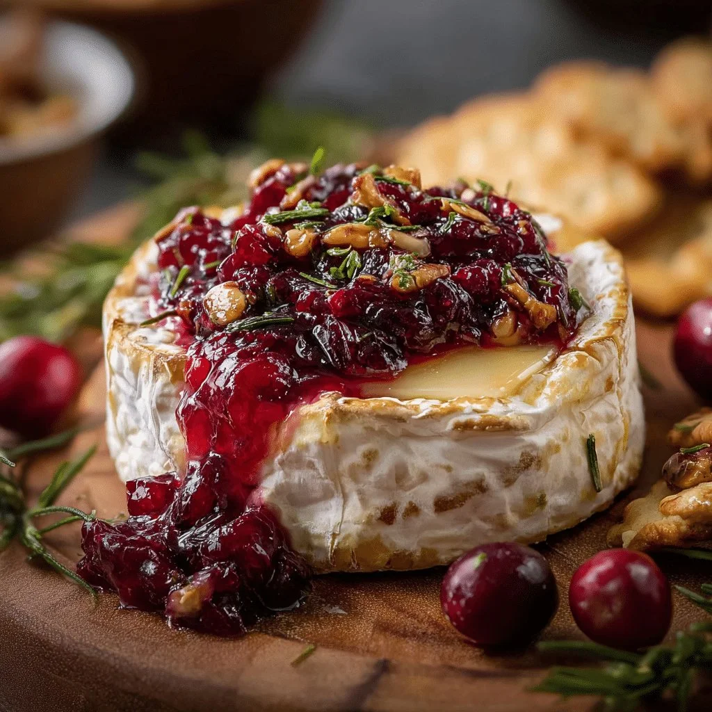 Baked brie topped with cranberry sauce served on a wooden board
