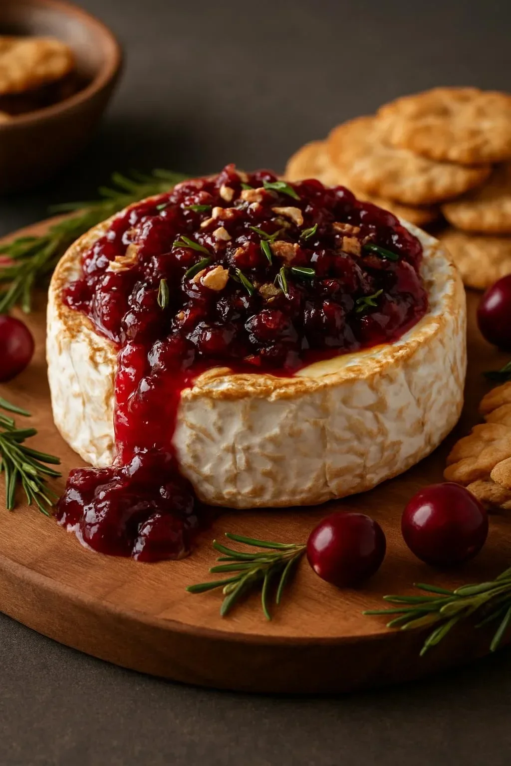 Baked Brie topped with cranberry sauce, served warm and gooey on a platter.