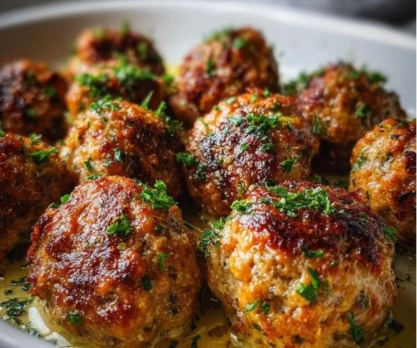 Baked ground turkey meatballs served on a plate with marinara sauce and herbs.