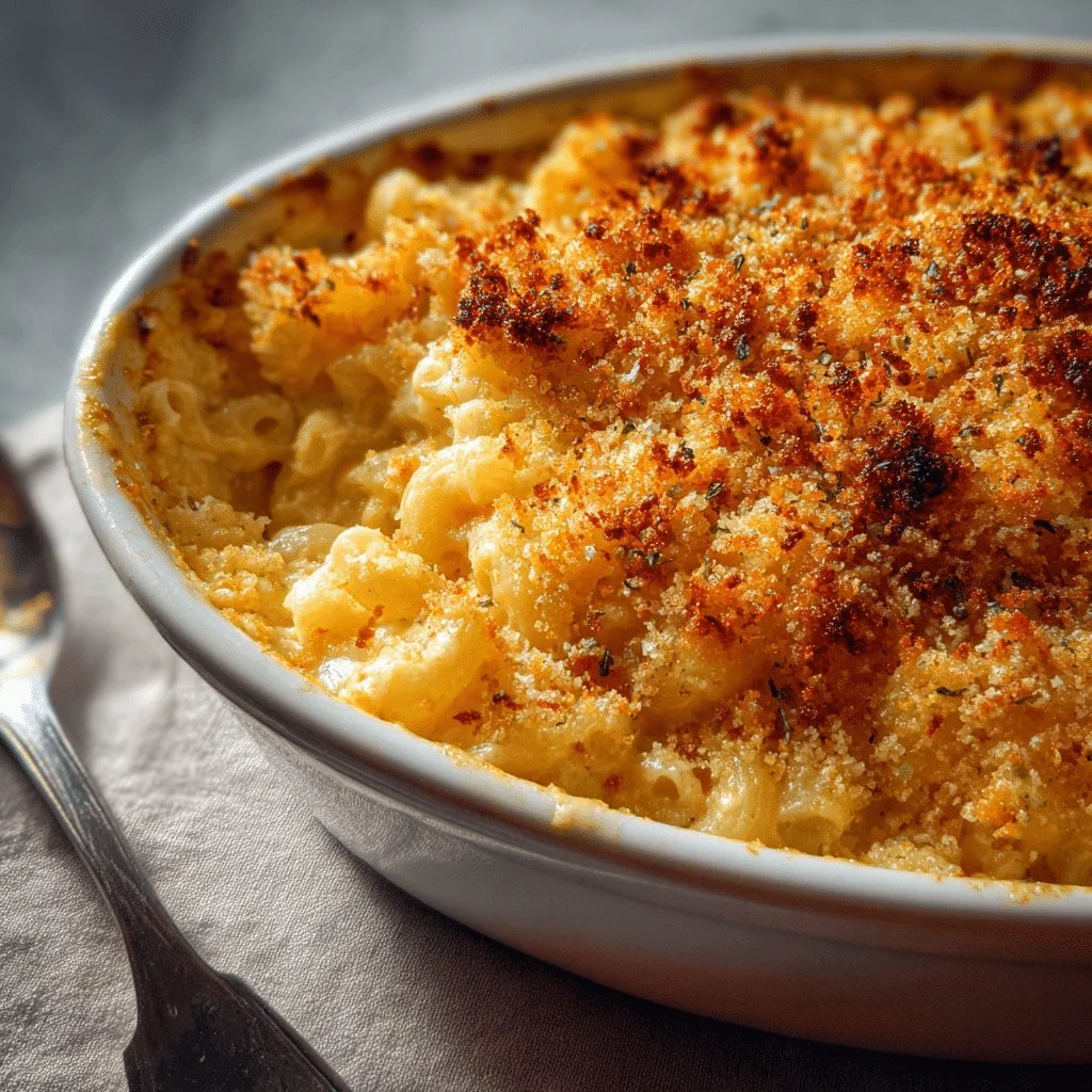 Creamy Baked Mac and Cheese with crispy panko topping served in a dish.