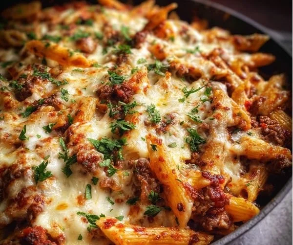 Delicious Baked Penne with Ground Beef served in a casserole dish