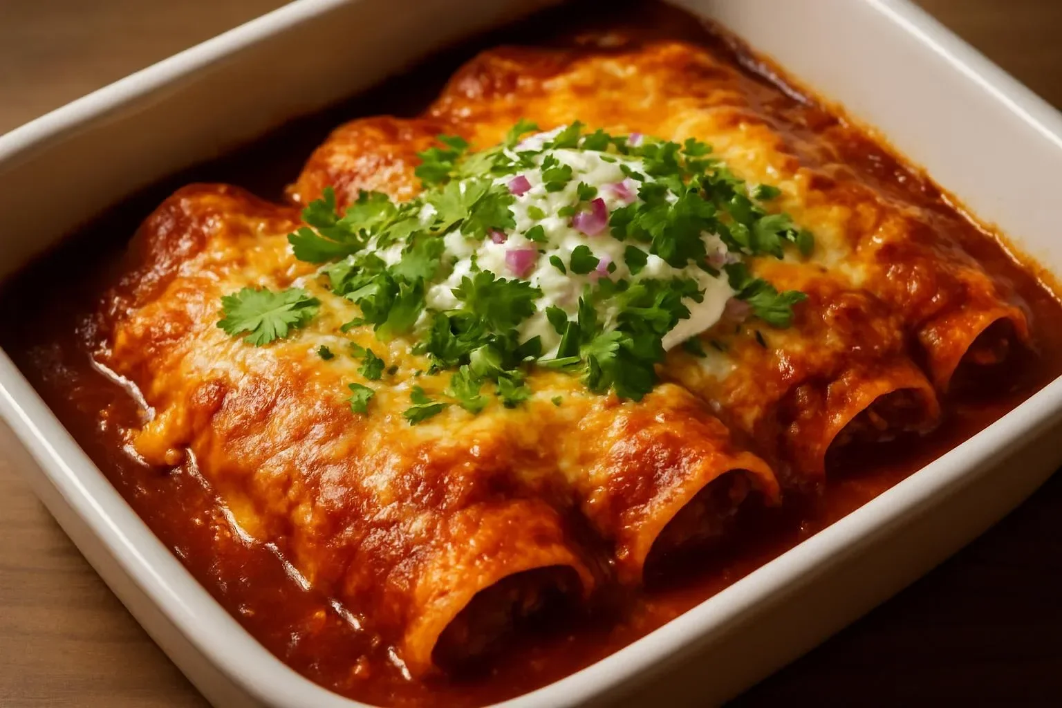 Delicious beef enchiladas topped with red sauce and cheese