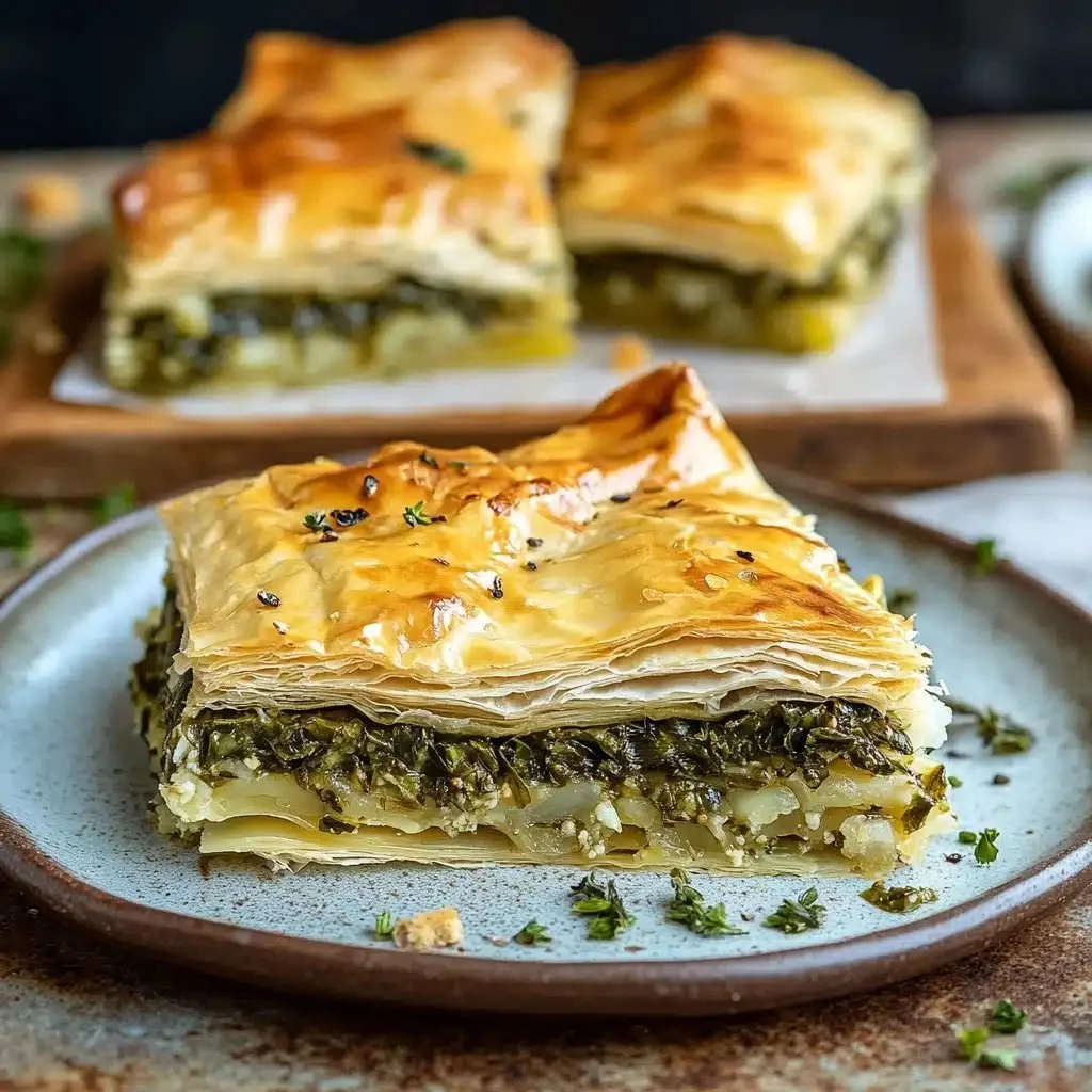 Delicious Spanakopita, a traditional Greek spinach pie with flaky pastry.