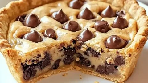 Delicious Tollhouse Cookie Pie served warm with chocolate chips and nuts.