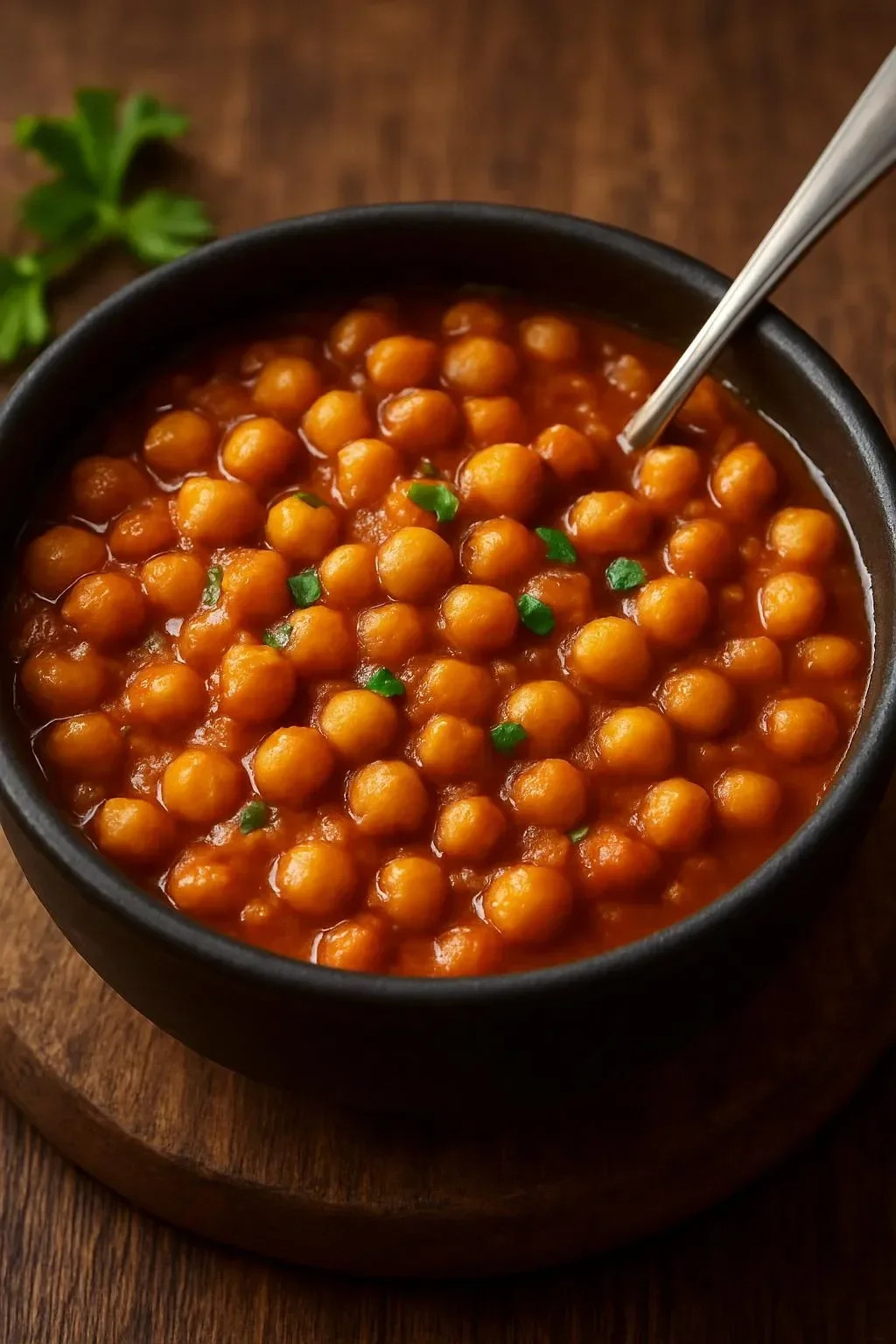 Delicious Chickpea Paprikash served in a bowl with spices and herbs