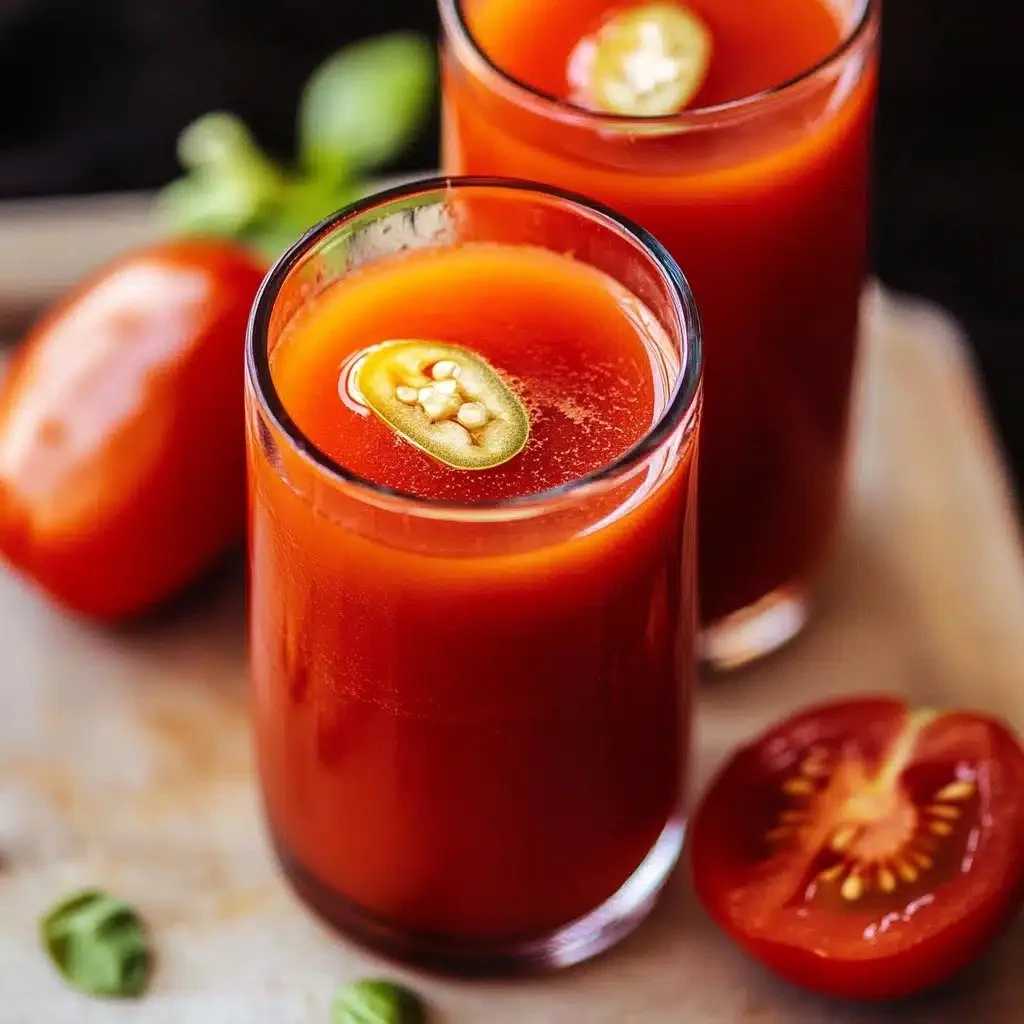 A glass of homemade tomato juice with fresh tomatoes and herbs on a wooden table.