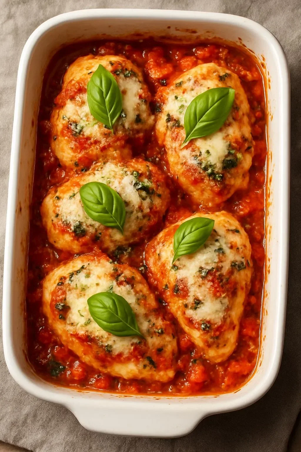 Delicious Bruschetta Chicken Bake topped with fresh tomatoes and basil