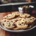 Buttery cranberry pistachio shortbread cookies on a festive plate