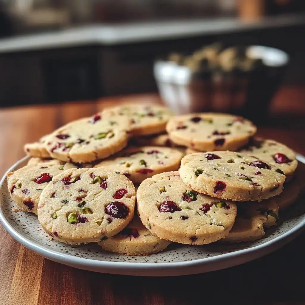 Buttery cranberry pistachio shortbread cookies on a festive plate