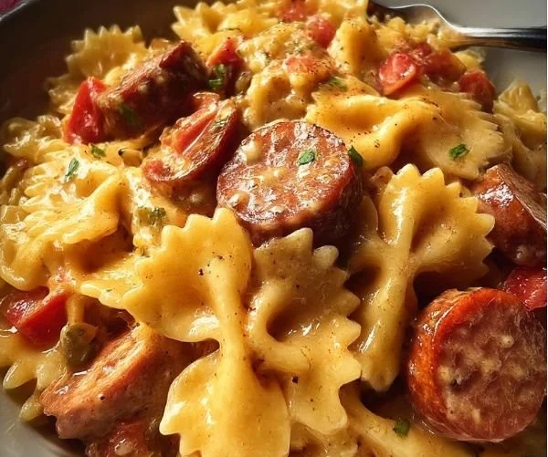 Delicious plate of Cajun Sausage Pasta with vibrant colors and spices