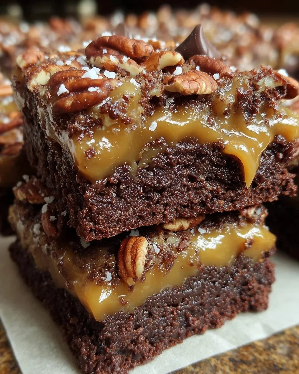 Delicious cake mix caramel brownies topped with rich caramel sauce.