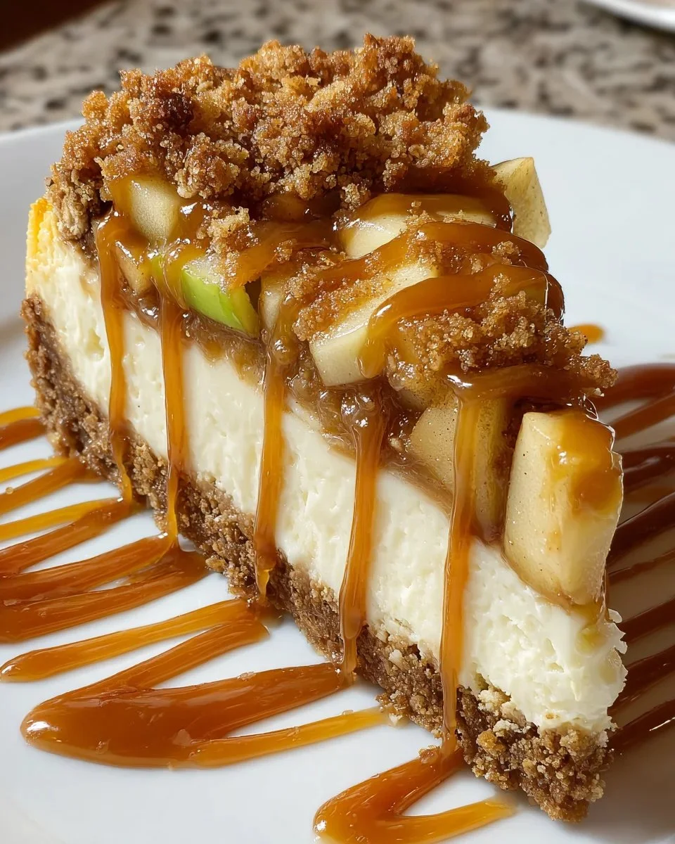 Caramel Apple Crisp Cheesecake topped with caramel and crispy apple crumble