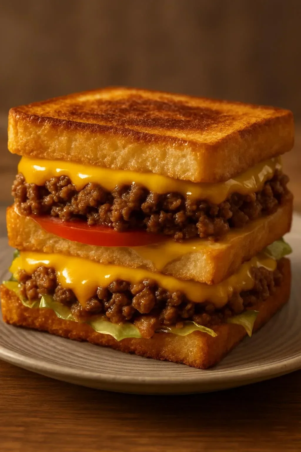 Cheeseburger grilled cheese sandwich with melted cheese and juicy patty