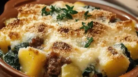 Cheesy Beef and Potato Spinach Casserole served in a baking dish.