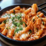 Cheesy Tteokbokki featuring spicy Korean rice cakes topped with melted cheese