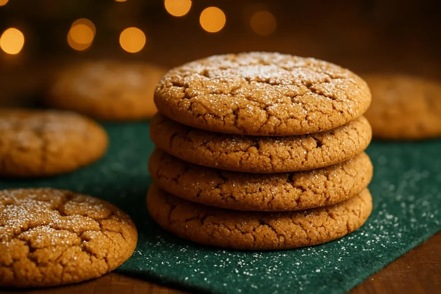 Deliciously chewy gingerbread cookies on a festive plate.