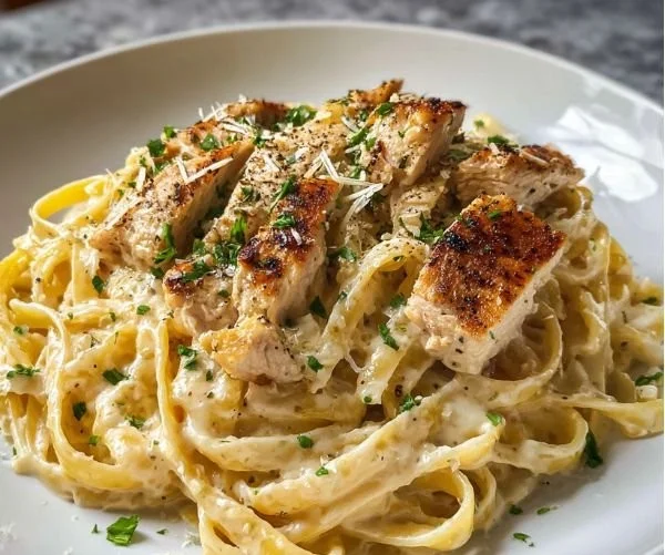 Delicious Chicken Alfredo Pasta with creamy sauce and grilled chicken pieces