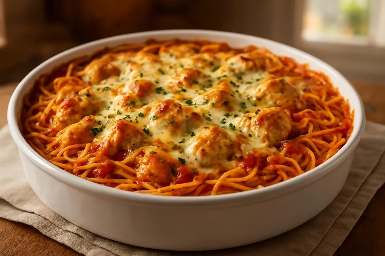 Delicious Chicken Spaghetti Casserole served in a baking dish
