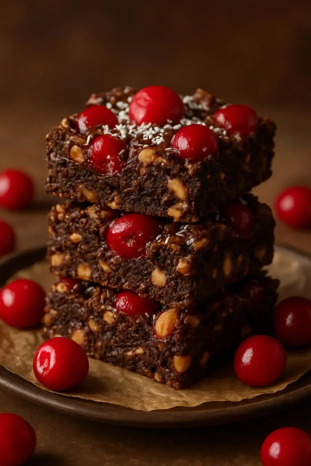 Delicious Chocolate Cherry Bars topped with cherries and chocolate drizzle