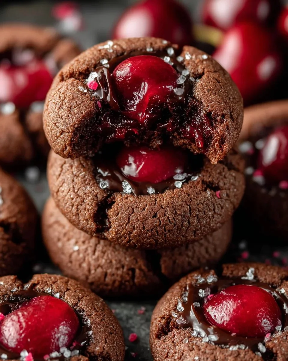Chocolate Cherry Thumbprint Cookies with chocolate filling and cherry jam