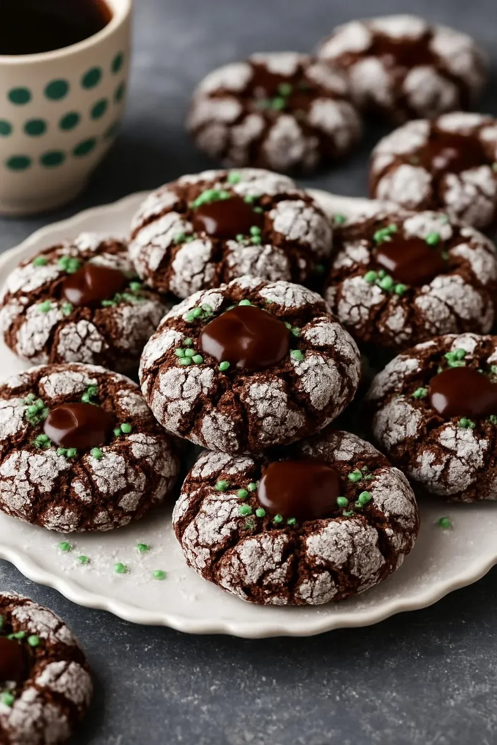Delicious Chocolate Mint Crinkle Cookies stacked on a plate
