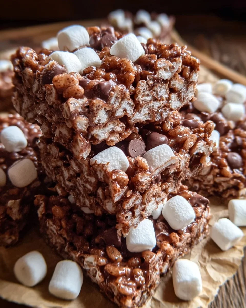 Homemade Chocolate Rice Krispie Treats stacked on a plate