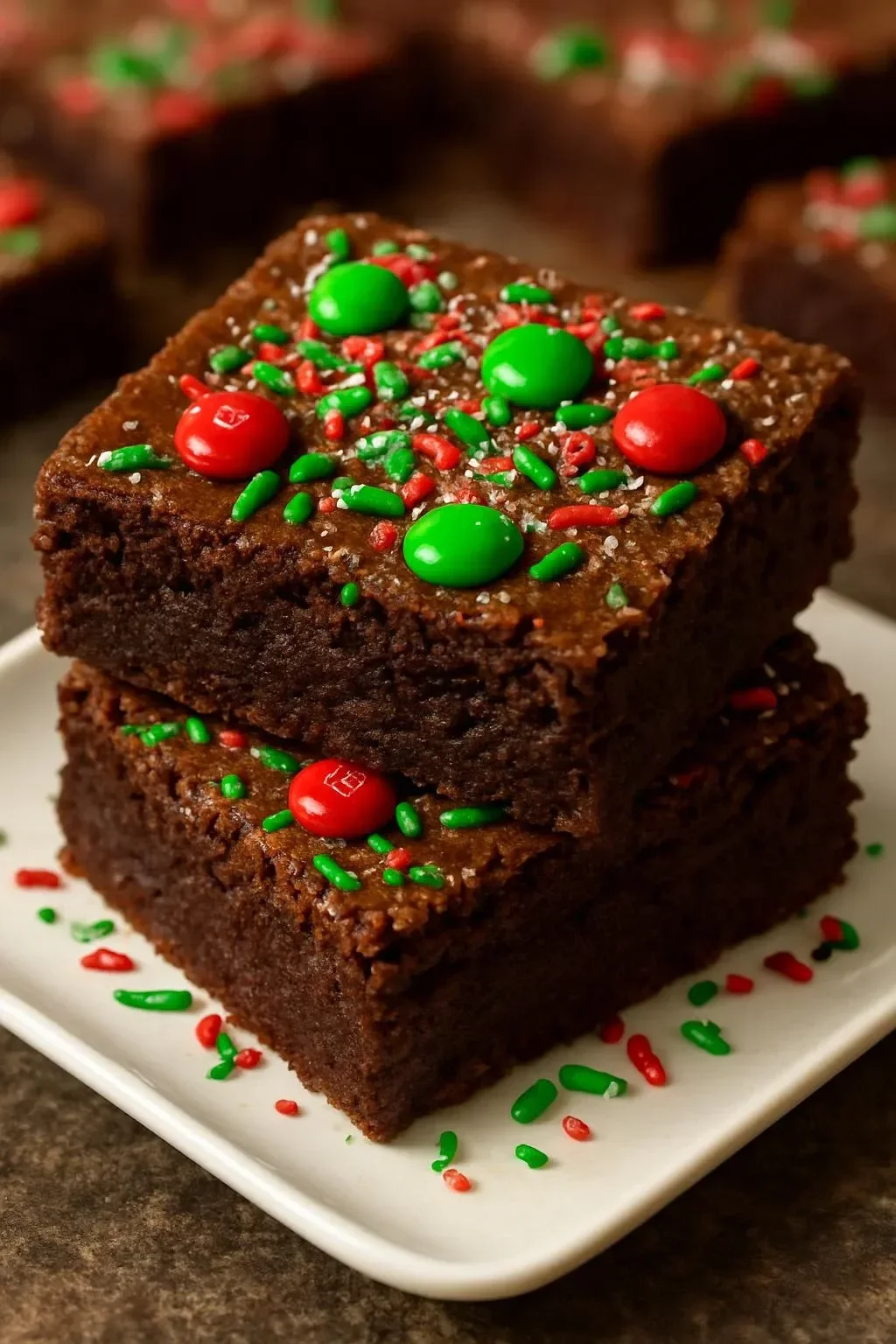 Plate of festive Christmas brownies decorated with red and green sprinkles