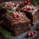 Decadent Christmas brownies topped with chocolate frosting for festive celebrations.
