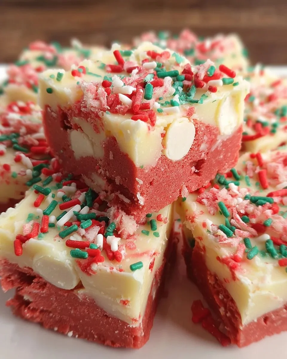 Homemade Christmas cake batter fudge decorated with festive sprinkles