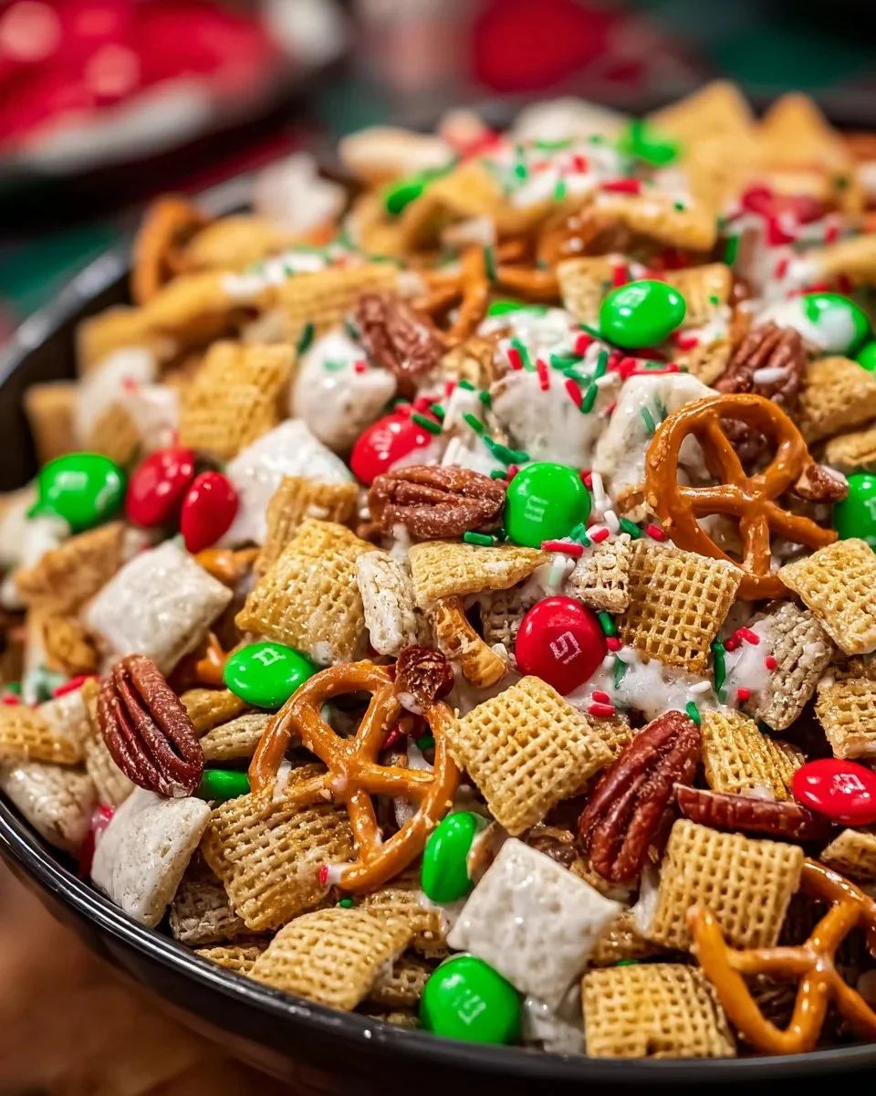 A festive bowl of Christmas Chex mix with colorful holiday treats.