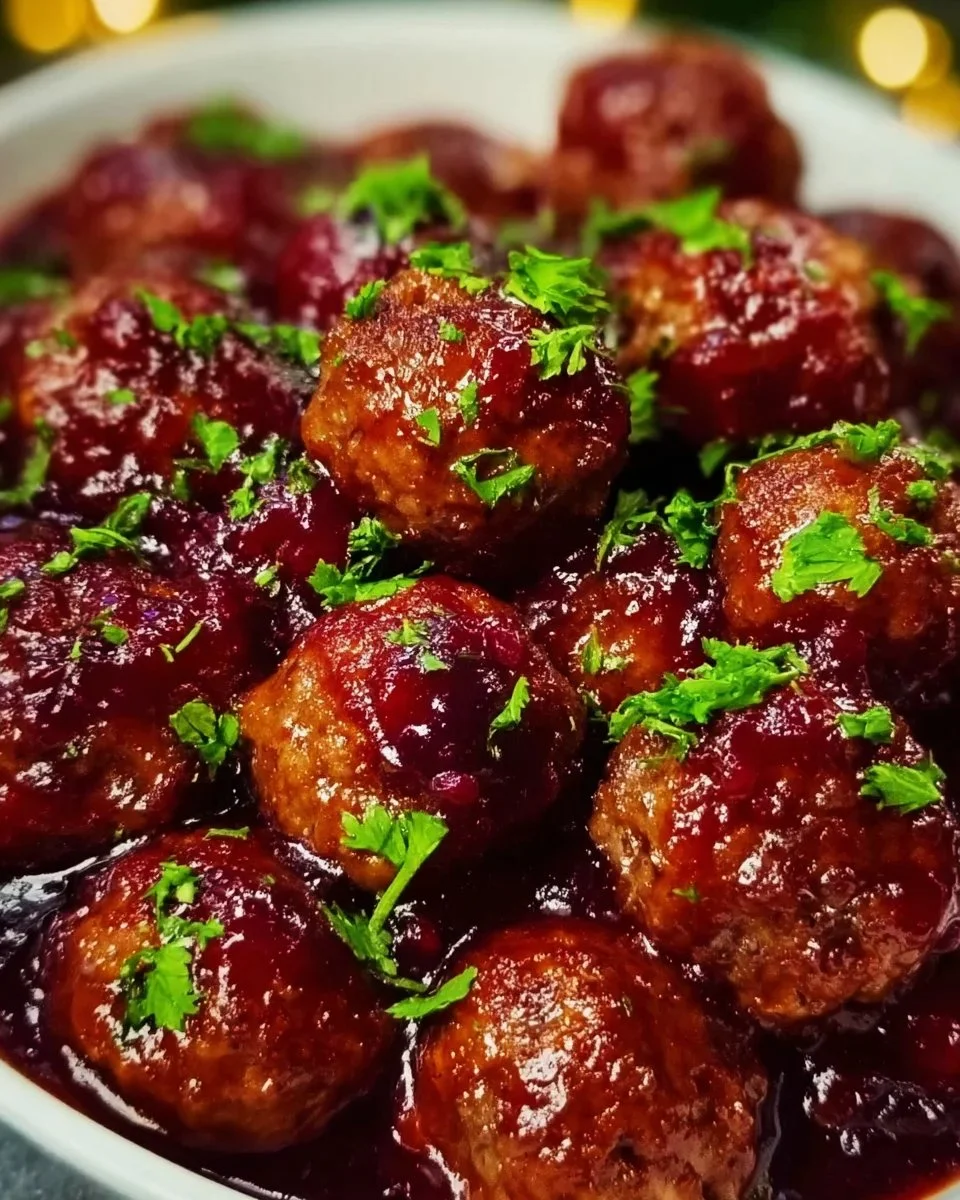 A plate of Christmas Cranberry Meatballs garnished with herbs.