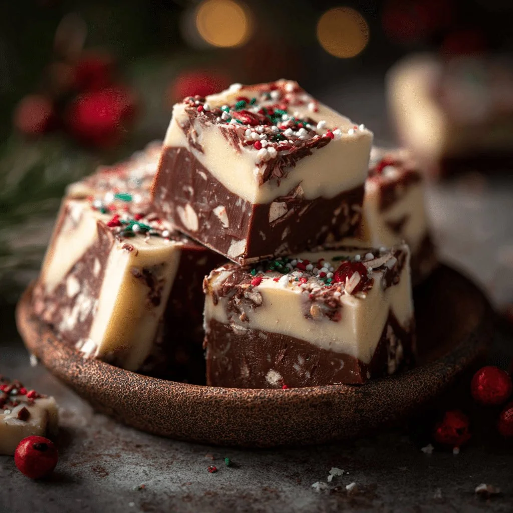 Delicious homemade Christmas Fudge with festive decorations