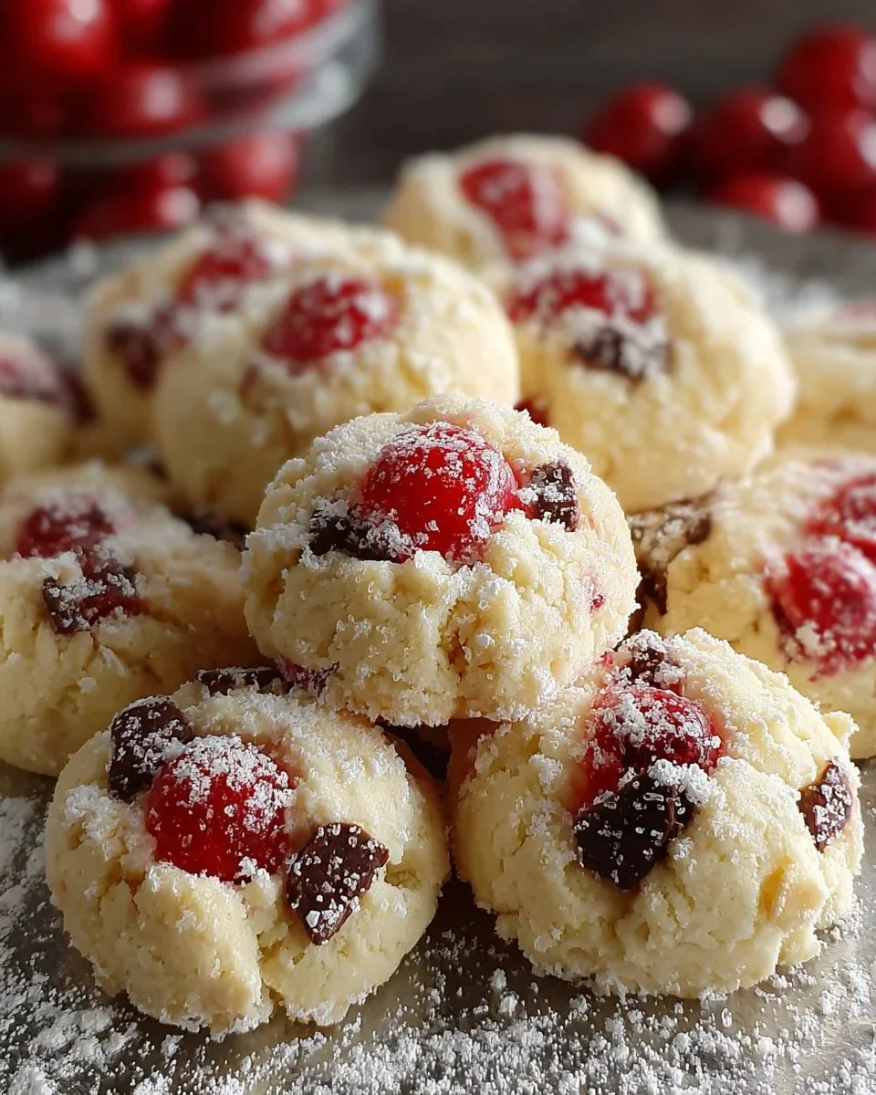 Christmas Maraschino Cherry Shortbread cookies on a festive plate