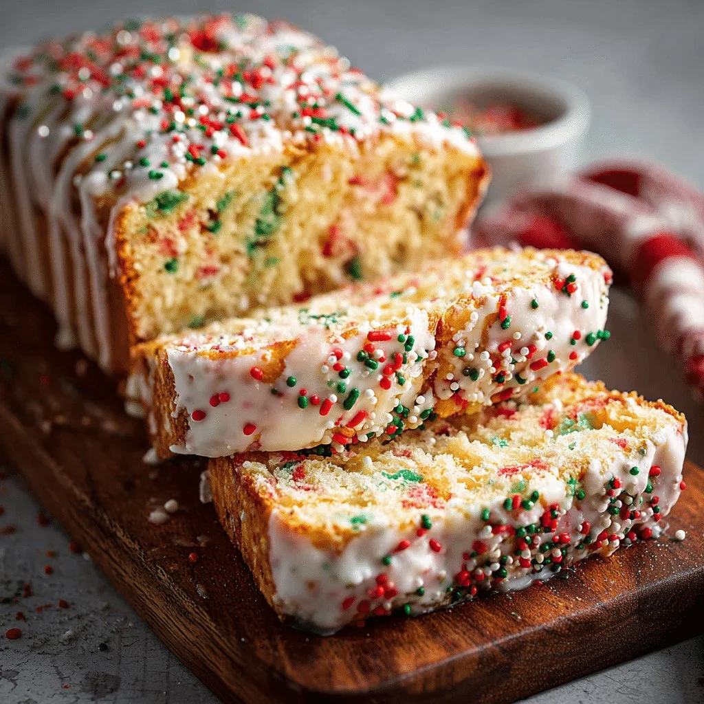 Loaf of Christmas Sprinkle Buttermilk Bread decorated with colorful sprinkles