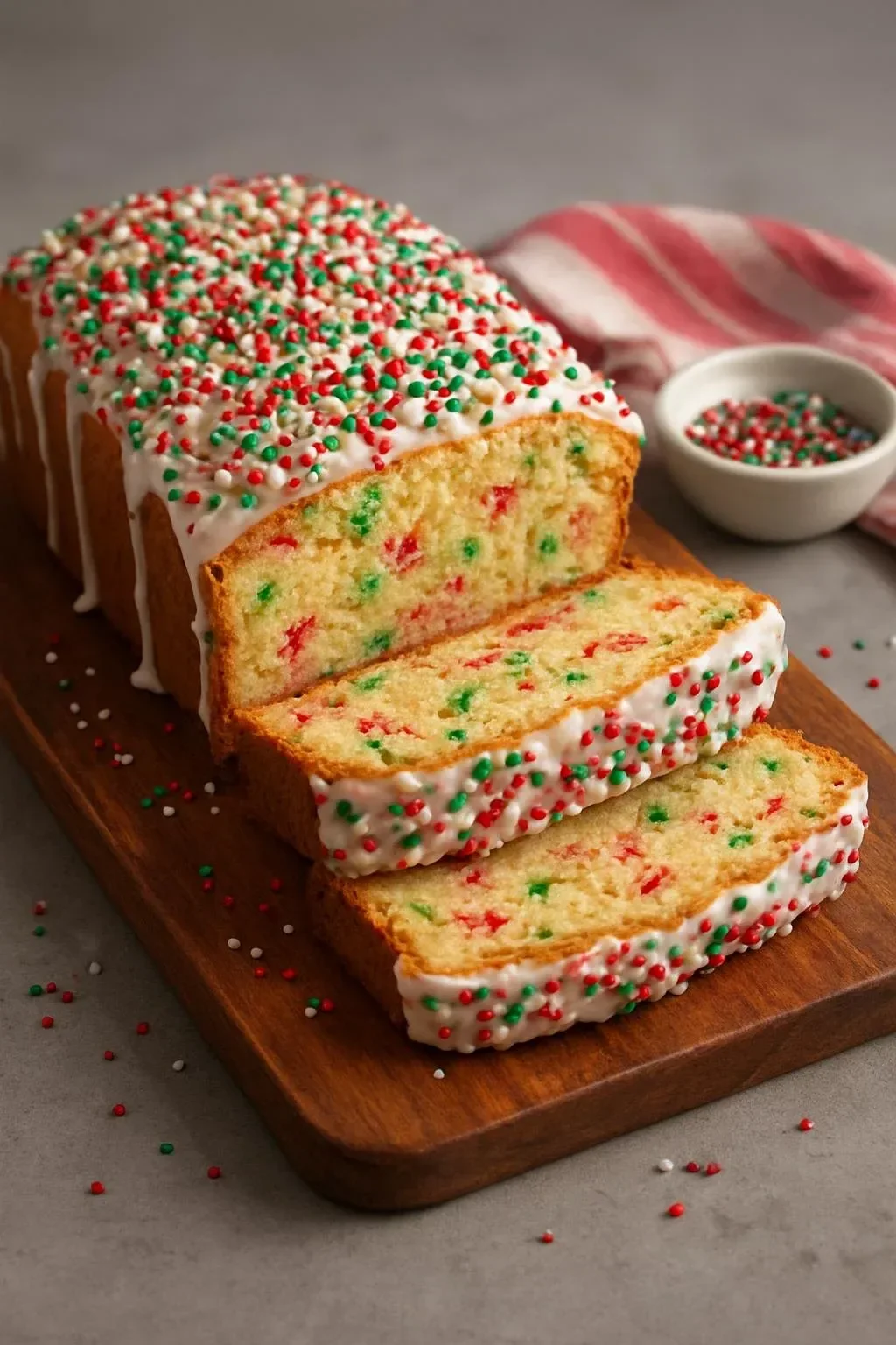 Loaf of Christmas Sprinkle Buttermilk Bread decorated with festive sprinkles