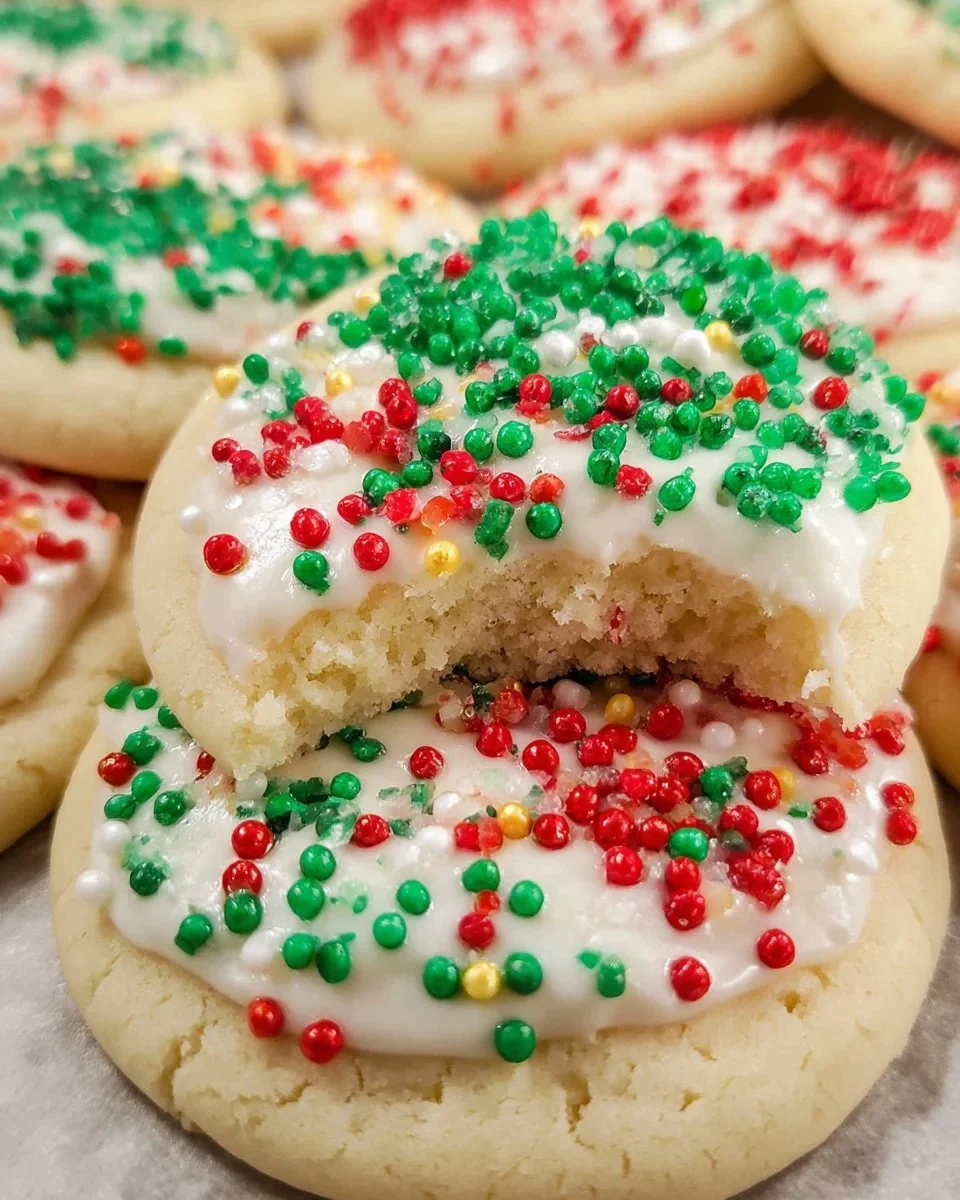 Batch of Christmas sprinkle sugar cookies on a holiday-themed plate