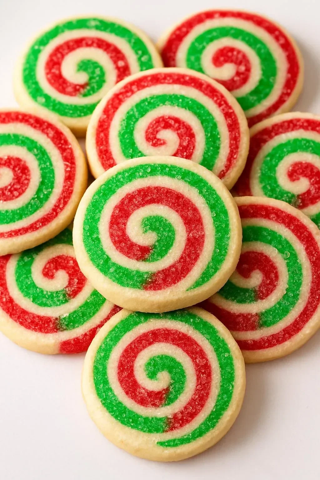 Colorful Christmas Swirl Pinwheel Cookies on a festive plate