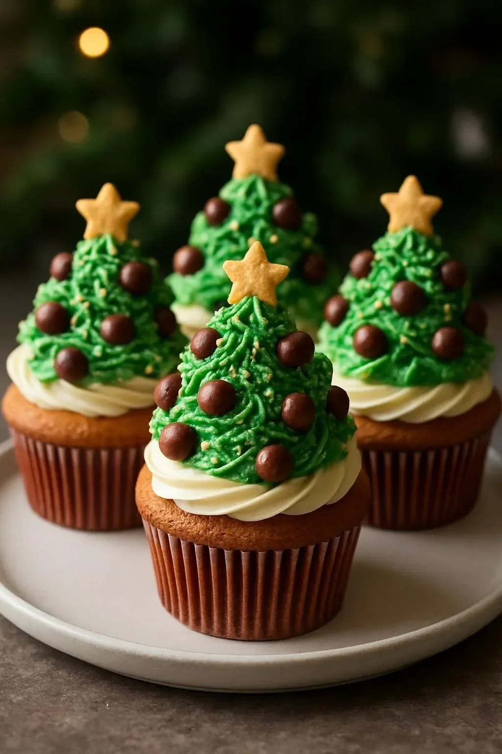 Festive Christmas Tree Cupcakes decorated with green frosting and sprinkles