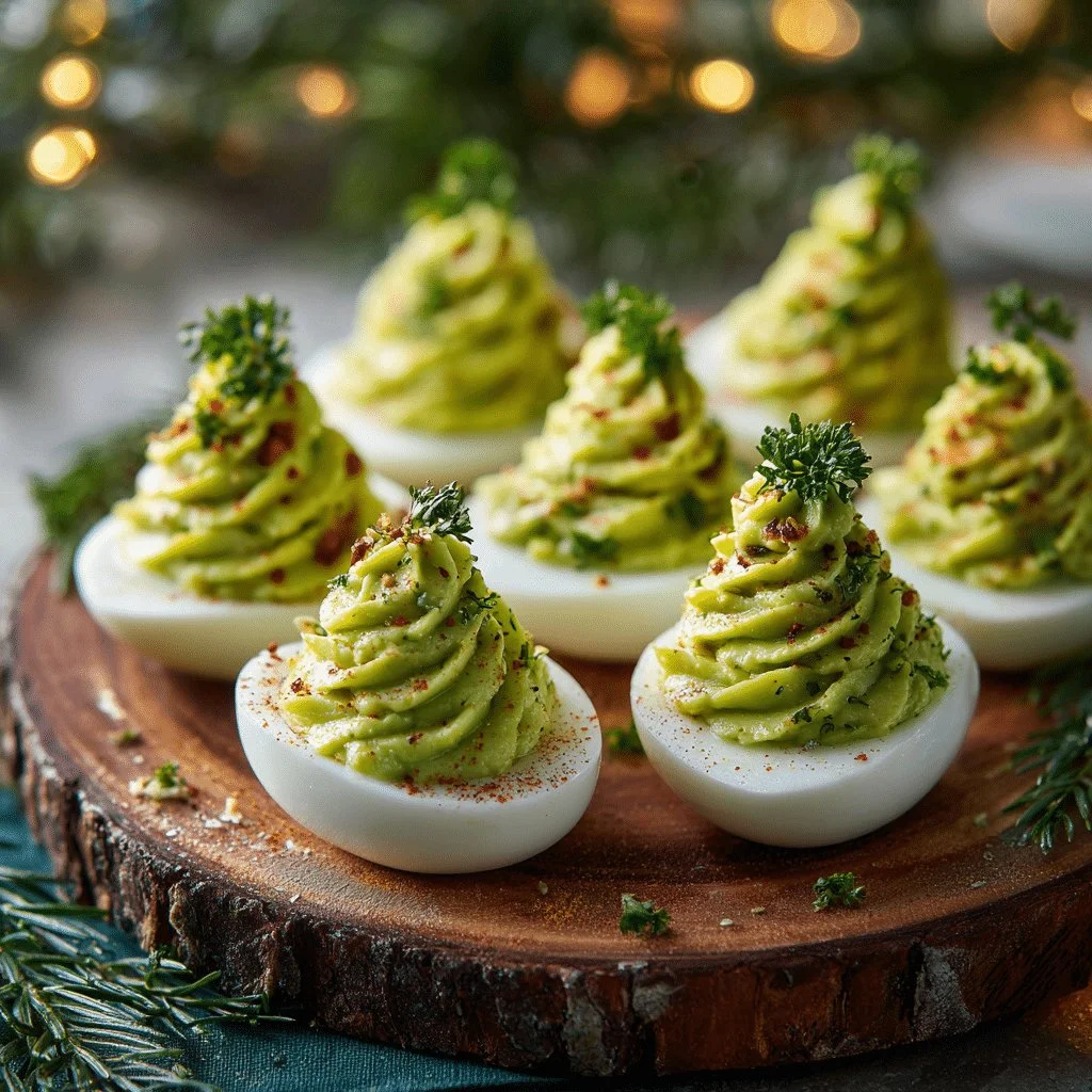 Christmas Tree Deviled Eggs with Avocado Filling on a platter