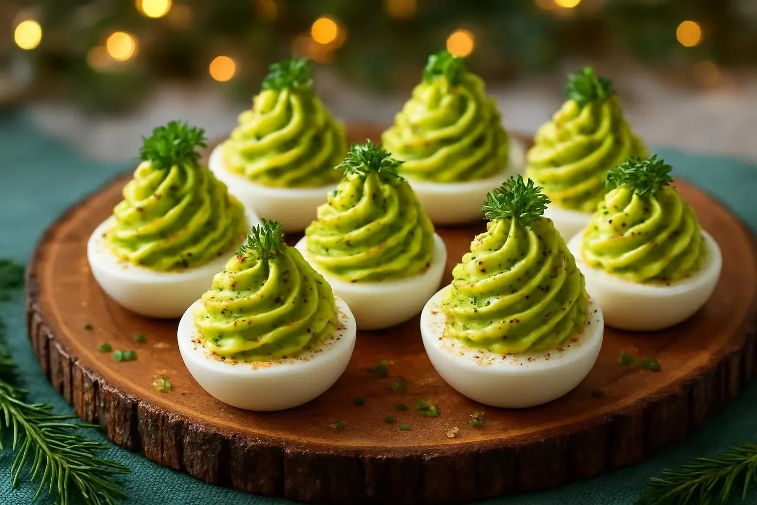 Christmas tree deviled eggs with avocado filling on a festive platter.