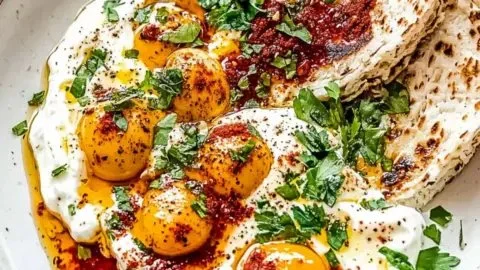 Perfectly poached eggs served with yogurt in Cilbir Delight dish.