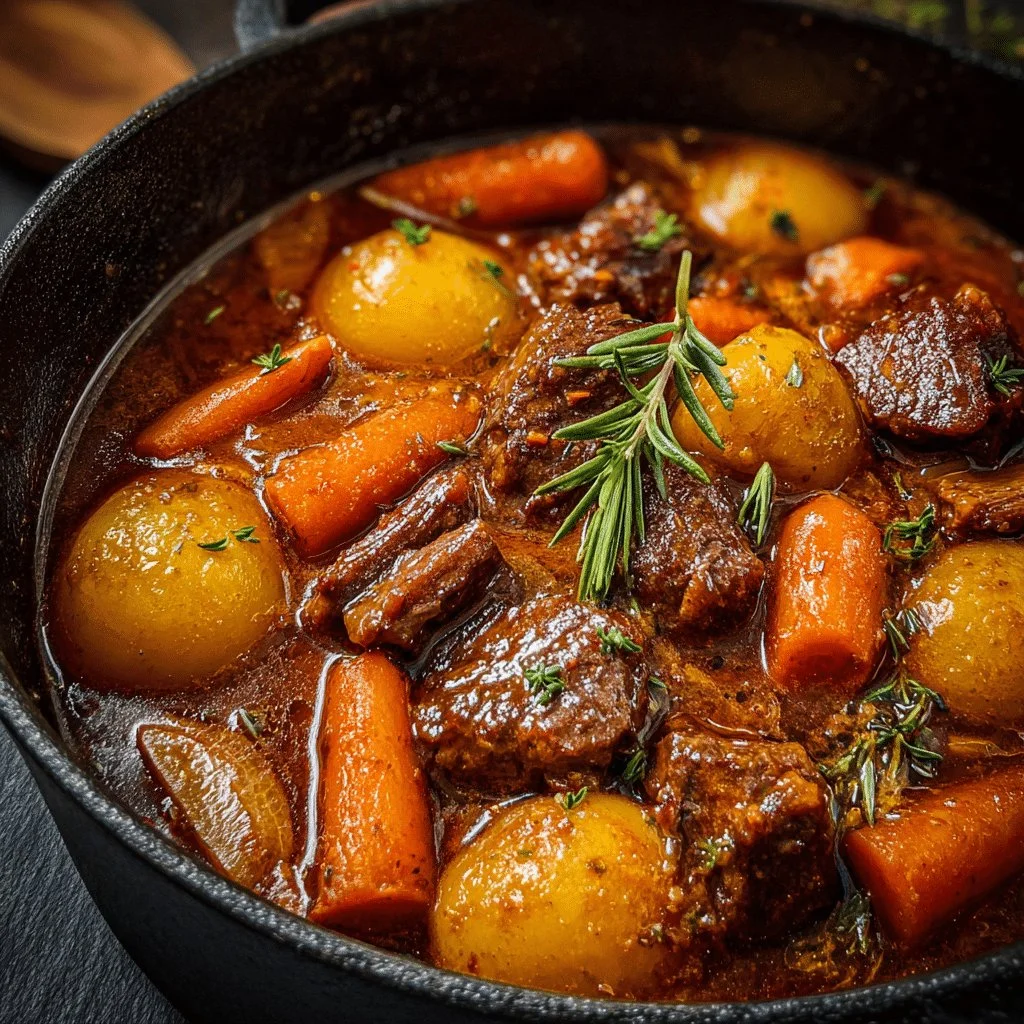 Bowl of classic beef stew with carrots and potatoes