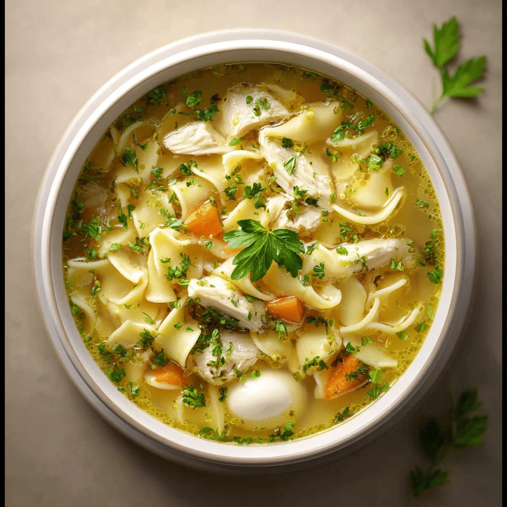 Bowl of classic chicken noodle soup with egg noodles and vegetables