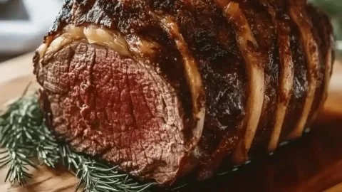 Classic Christmas prime rib dinner with sides served on a festive table