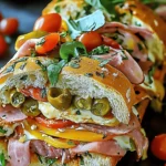 Delicious Classic Italian Muffuletta Sandwich with olives, meats, and cheese.
