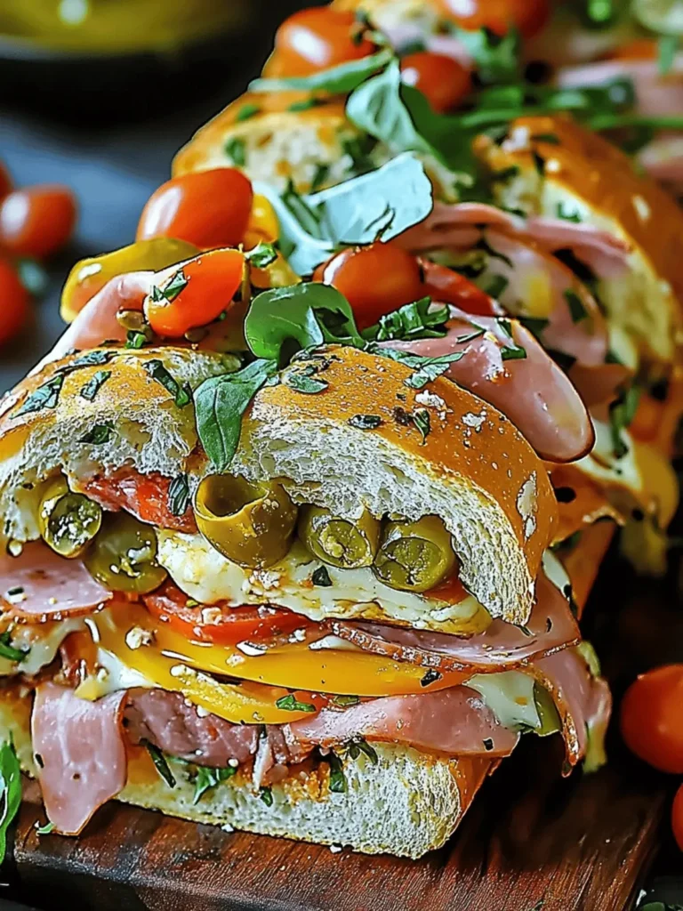 Delicious Classic Italian Muffuletta Sandwich with olives, meats, and cheese.
