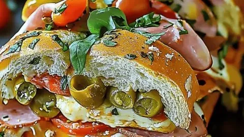 Classic Italian Muffuletta Sandwich served with olives and meats